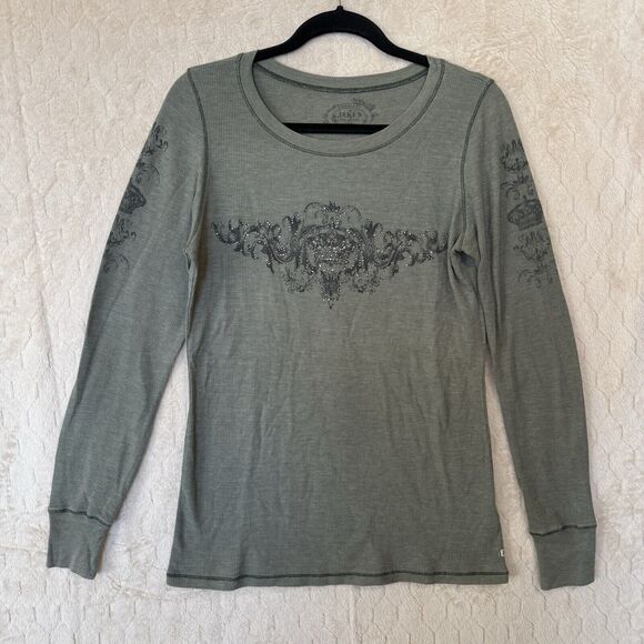 Jake’s Sage Green Rhinestones Long Sleeve L Thermal Shirt Y2K Grunge Made In USA - Picture 10 of 12